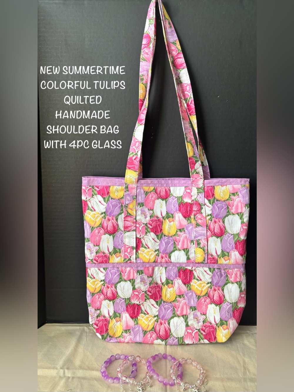 SPRINGTIME TULIPS QUILTED  TOTE BAG W/PURPLE GLASS BEAD BRACELETS & CHARMS 4PC